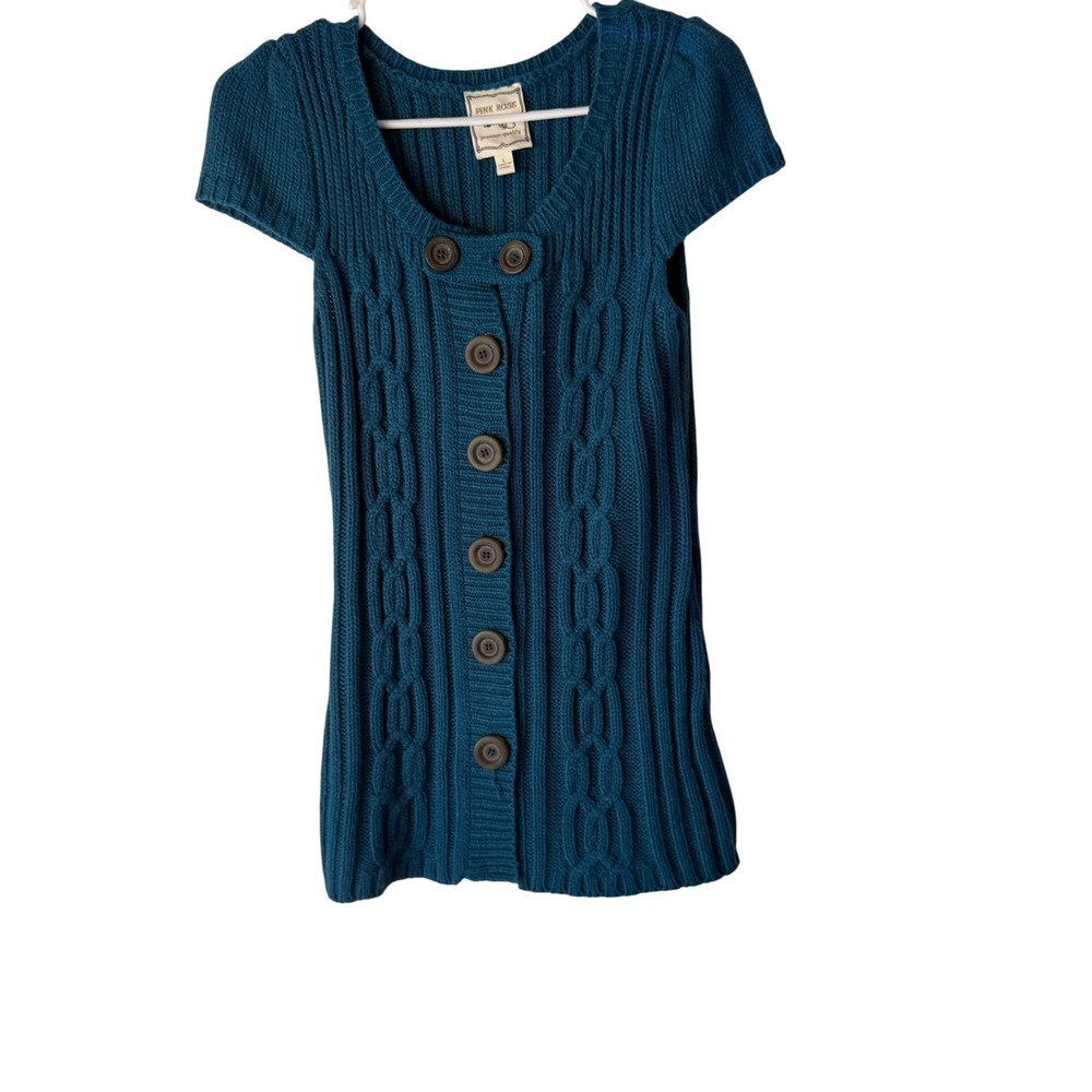 Pink Rose Teal Cable Knit Button Up Sweater Dress Womens L 2010s Preppy Academia